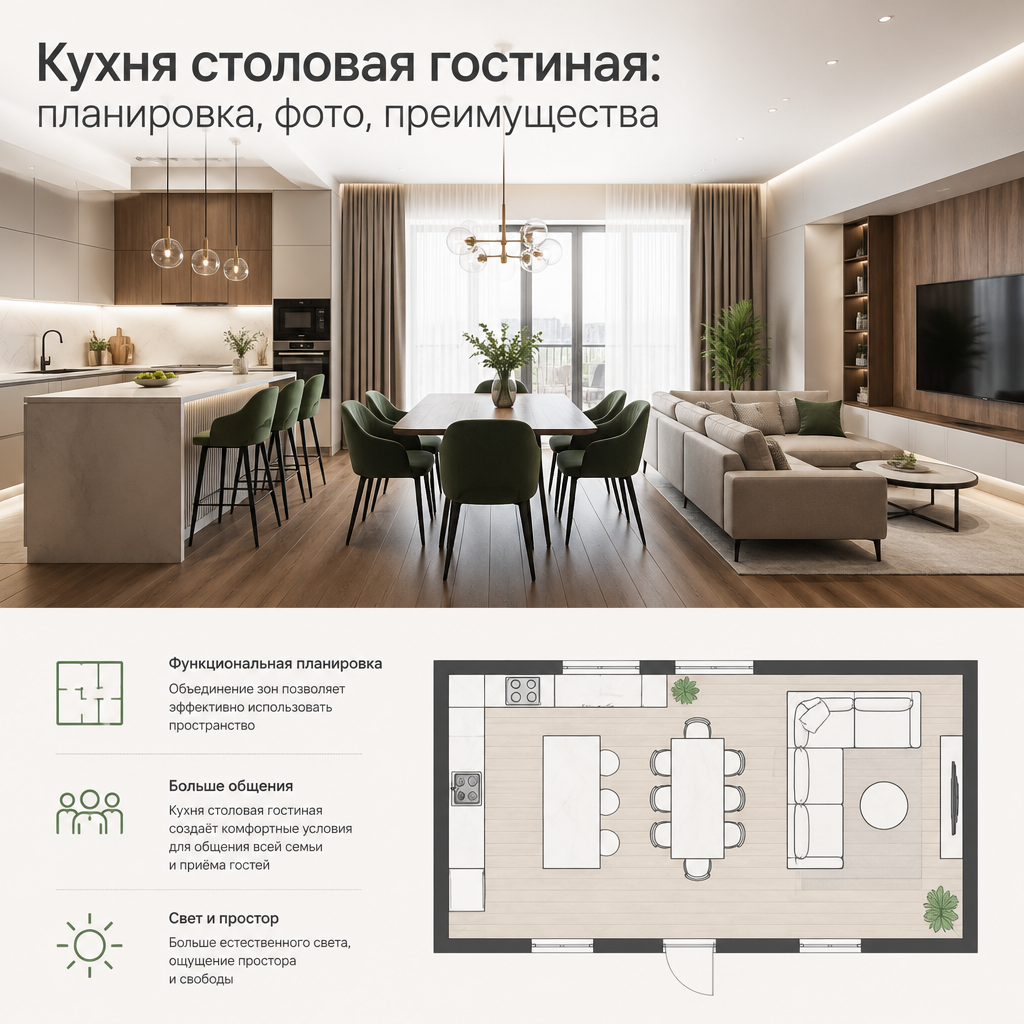 Кухня столовая гостиная: планировка, фото, преимущества