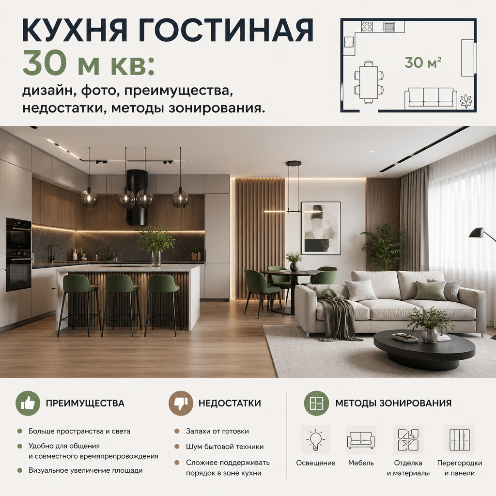 Кухня гостиная 30 м кв: дизайн, фото, преимущества, недостатки, методы зонирования